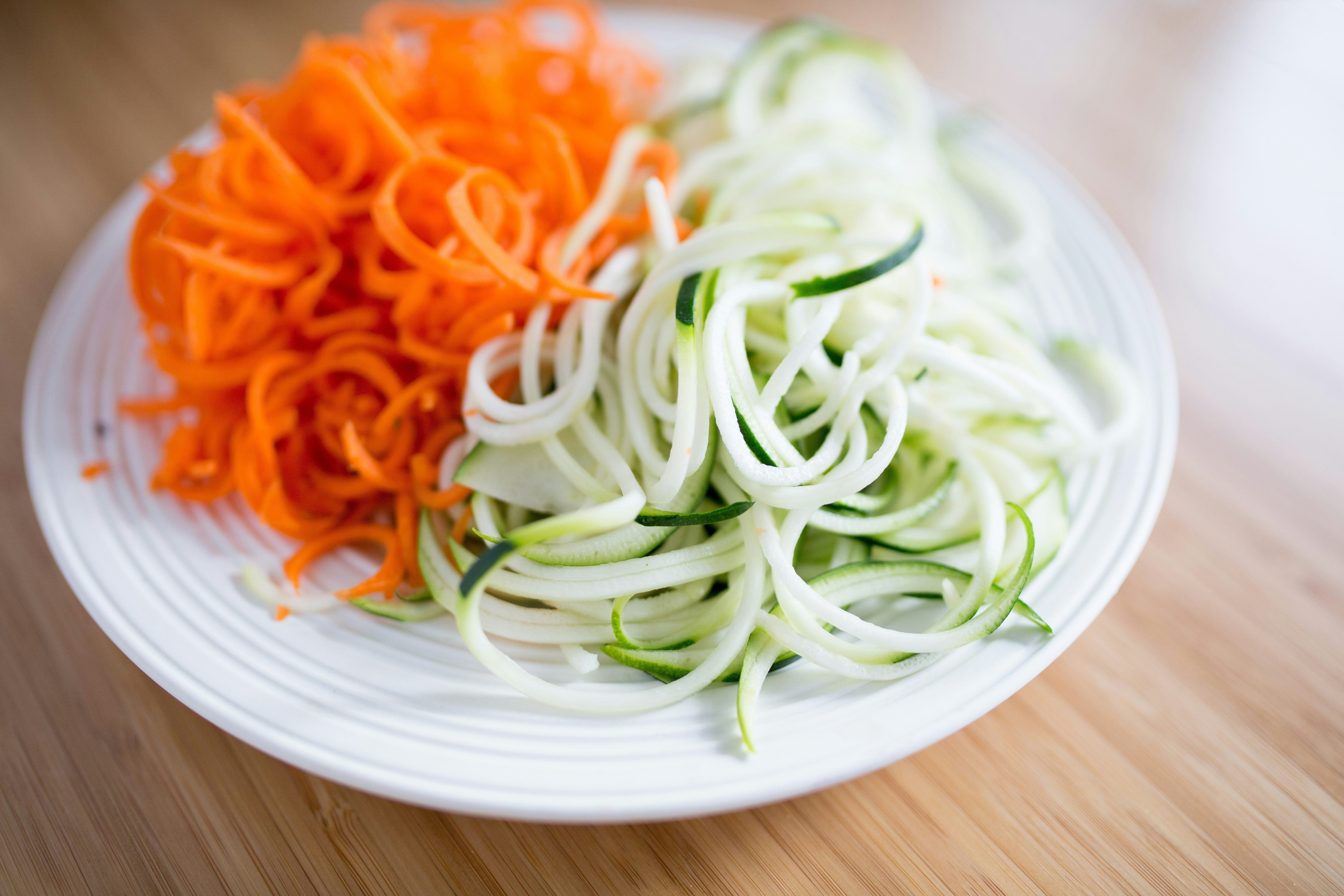 Organic carrot and zucchini noodles - for recipe by O2 Living makers of organic, cold-pressed fruit and vegetable Living Juice